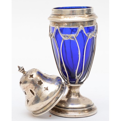 37 - An early 20th century silver and blue glass sugar shaker, by Jones & Crompton, Birmingham date rubbe... 