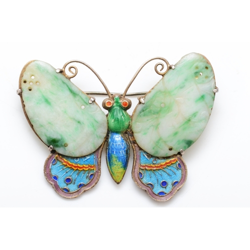 A Chinese export mid 20th century silver and enamel jadeite butterfly brooch, 47 x 32mm, 9gm.