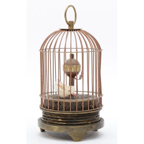 A 1960s brass bird cage automaton clock, Mechanical one day movement, height 14cm.