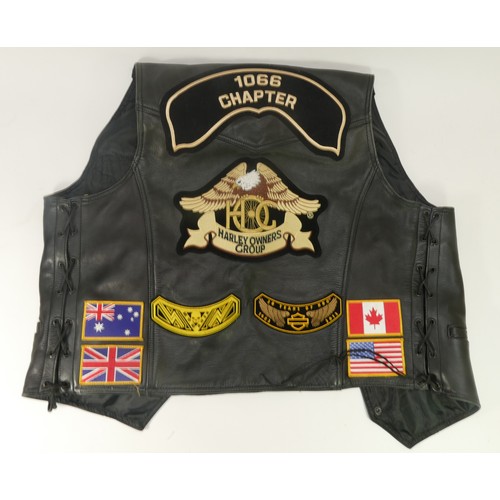 49 - Harley Davidson '1066' Chapter, black leather waistcoat. HOG - Harley Owners Group badges, tours and... 