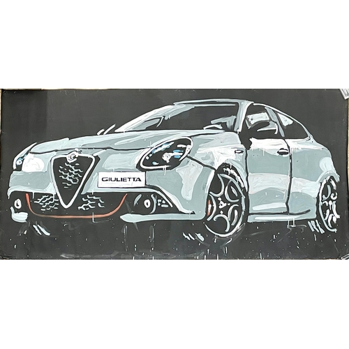 61 - Jon Hicks, (contemporary), speed painting of an Alfa Romeo Giulietta, together with a copy of the em... 