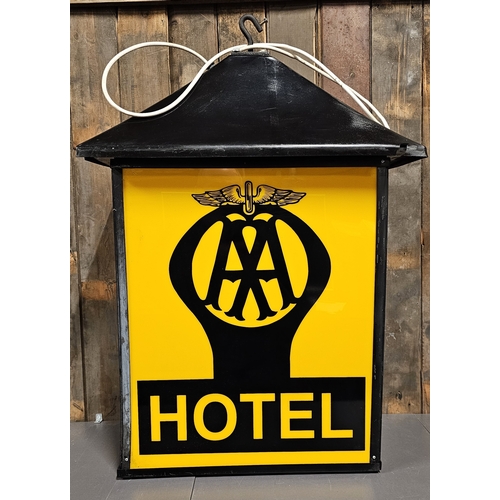 73 - An AA 2 Star Hotel plastic and metal hanging lamp, recently rewired with LED bulb, 90 x 58 x 31cm