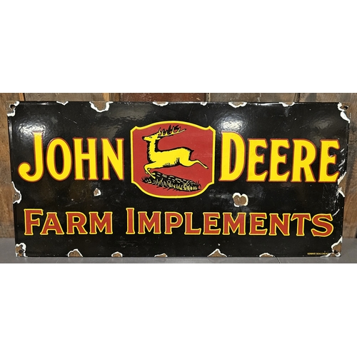 80 - A reproduction John Deere Farm Implements single sided vitreous enamel advertising sign, 45 x 21cm