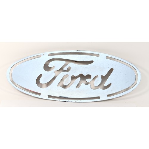 88 - Ford, a chrome cut out oval sign, with three bolt attachment,, 43 x 17cm