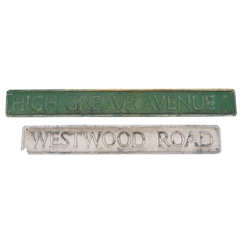 90 - Two 1950's cast aluminium street signs, High Greave Street, 18 x 144cm, Westwood Road, 18 x 122cm.