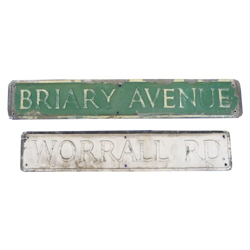 92 - Two 1950's cast aluminium street signs, Briary Ave, 18 x 107cm, Worral Rd, 18 x 95cm.