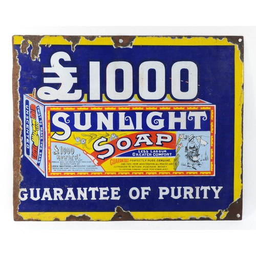A £1000 Sunlight Soap Guarantee of Purity single sided vitreous enamel advertising sign, 48 x 38cm