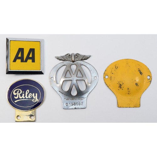 105 - An enamel Riley car bumper badge and two AA badges