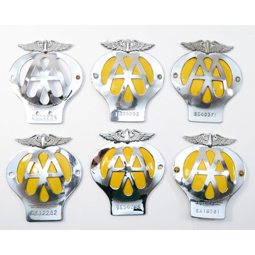 111 - Six chrome and enamel AA car badges, post war