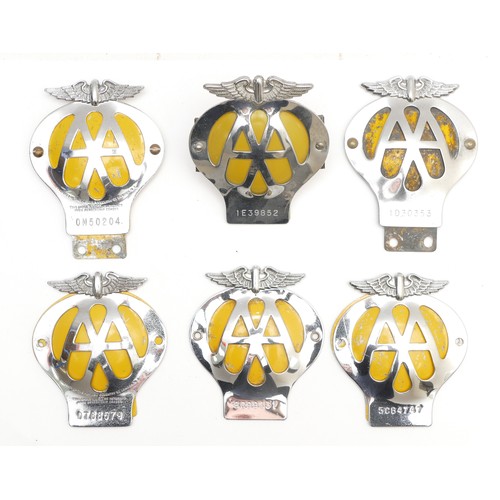 112 - Six chrome and enamel AA car badges, post war