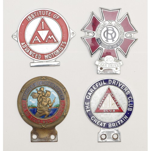 117 - A The careful Drivers Club chrome and enamel badge, an Order of the Road, 20 year driver badge, a St... 