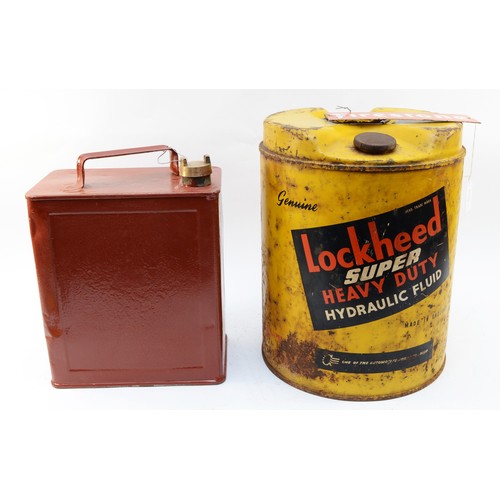 127 - A vintage Lockheed hydraulic fluid drum, 36cm, together with a enamel Firestone sign and a petrol ca... 