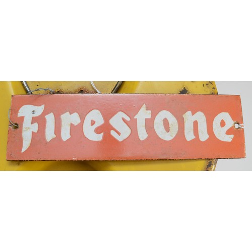 127 - A vintage Lockheed hydraulic fluid drum, 36cm, together with a enamel Firestone sign and a petrol ca... 