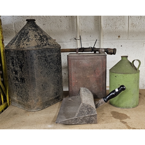 128 - A 5 gallon pyramid can, cap, a 2 gallon petrol can, cap and pourer, another can and a dustpan.