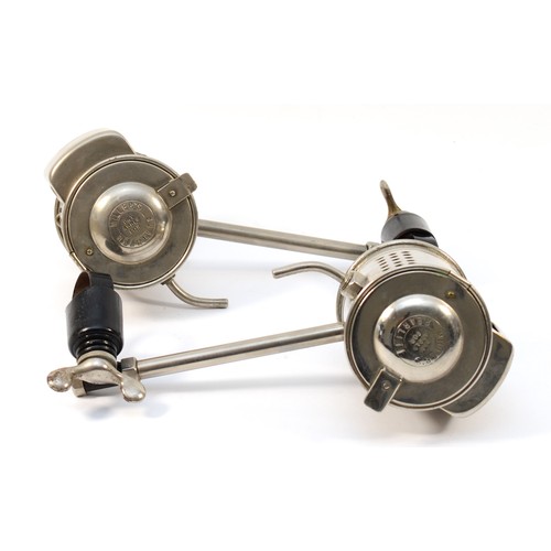 159 - A vintage pair of Miller's Rearlite nickel port and starboard acetylene lamps, mounted on arms, box,... 