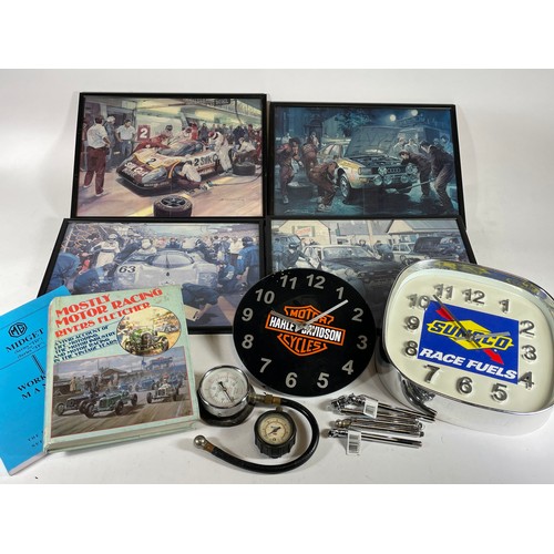 169 - A 20th century Harley Davidson motorbike glass circular wall clock, together with a Sunoco Racing Fu... 