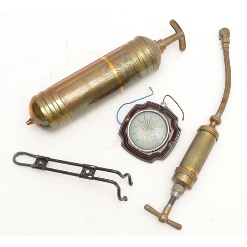 178 - A Pyrene brass fire extinguisher with mounting bracket, a Tecalemit Type 41 grease pump and a vintag... 