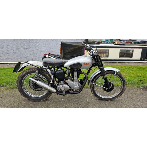 1949 BSA Gold Star trials 350cc. Registration number 257 XUH. Frame number ZB31 COM 109. Engine number ZB31 9540.
Sold with the V5C, an interesting letter from the VMCC and one from Stan Dibben, 2008 MOT.
This interesting trials machine would appear to be a works machine, further research could be very rewarding. The 1996 Dibben letter suggests that it was built as a works trials machine with a McCandless back end and the VMCC letter from Phil Hamilton backs this up.
Our vendor bought it many years ago and has not ridden it for a long time. we had to remove brambles from it resting place in a barn.
