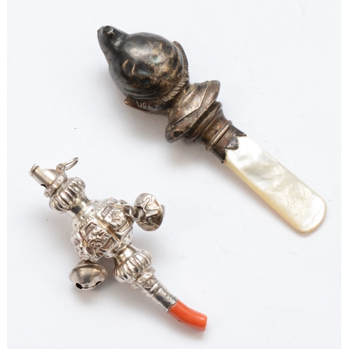 27 - A Victorian silver and coral infants rattle and whistle, by  George Unite, Birmingham 1882, 8.5cm, t... 