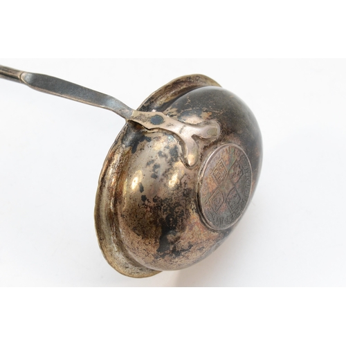 39 - A Georgian silver toddy ladle, unmarked, coin bottom bowl and whale bone handle, 30cm.