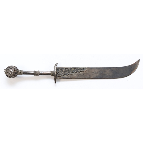 52 - An mid 20th century sterling silver letter opener, stamped Made in Palestine, with filigree decorati... 