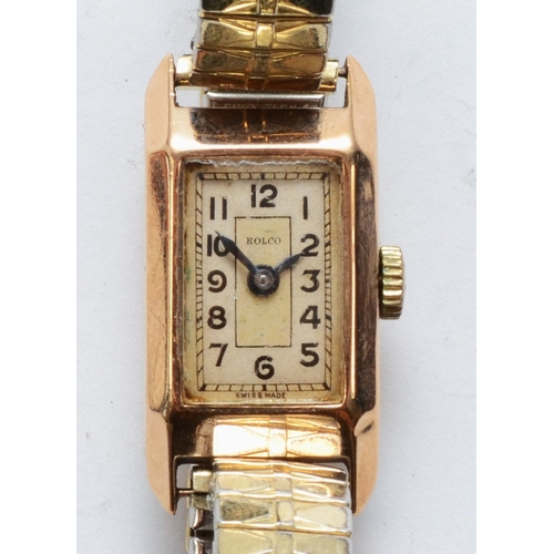 112 - Rolco, A 9ct gold cased rectangular Ladies wrist watch, the silvered dial set with Arabic numerals, ... 