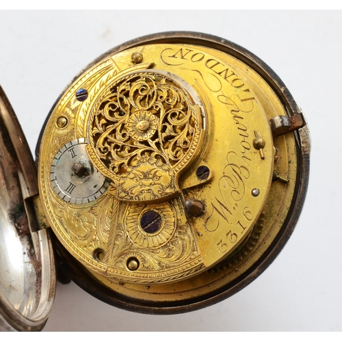 143 - W. Brown of London, a silver cased open faced key wind fusee pocket watch, London 1820, the enamel d... 