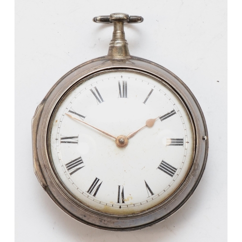 Dan Simpson of Wigton, a silver cased open faced key wind fusee pocket watch, London 1792, the enamel dial set with Roman numerals, signed movement, movement and case No 133, dust cover inscribed George Barnes 1792,  42mm, 58mm overall.