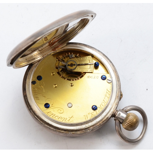 151 - John Vincent of Weymouth,  a silver cased open faced key less wind pocket watch, Chester 1902, the e... 