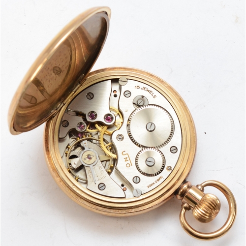 154 - Uno, a gold plated open faced key less wind Antimagnetic pocket watch, the enamel dial set with Roma... 