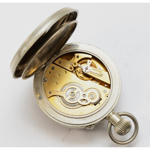 156 - A Swiss made nickel plated Goliath key less wind pocket watch, the enamel dial set with Arabic numer... 