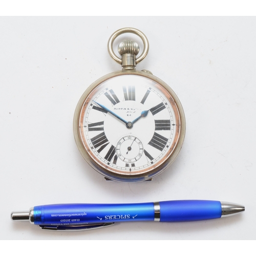 157 - Mappin & Webb, a nickel plated Goliath key less wind pocket watch, the enamel dial set with Roman nu... 