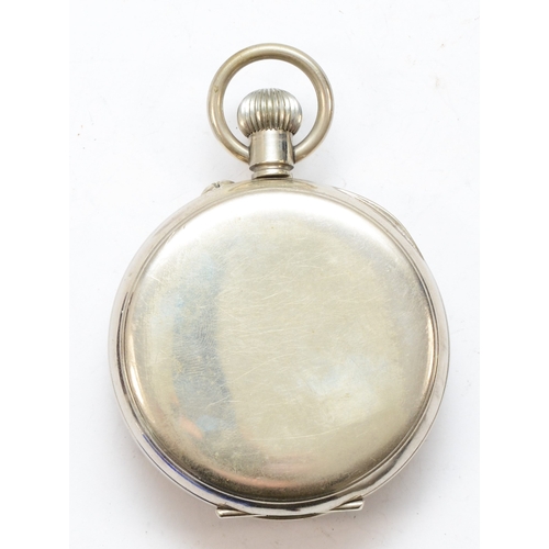 157 - Mappin & Webb, a nickel plated Goliath key less wind pocket watch, the enamel dial set with Roman nu... 