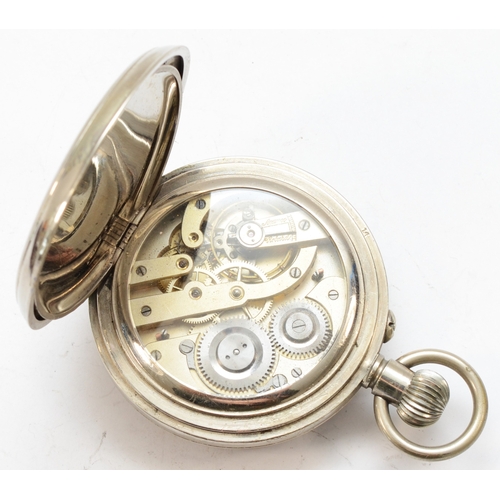 157 - Mappin & Webb, a nickel plated Goliath key less wind pocket watch, the enamel dial set with Roman nu... 