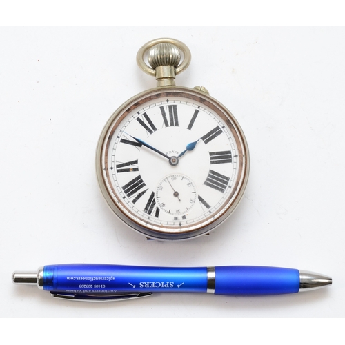 158 - A nickel plated eight day Goliath key less wind pocket watch, the enamel dial set with Roman numeral... 