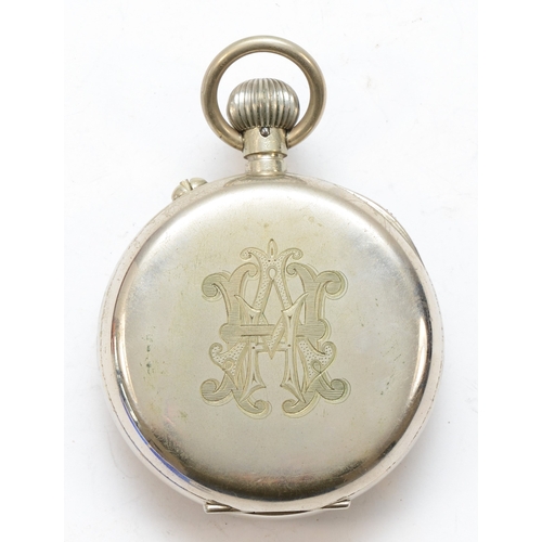 158 - A nickel plated eight day Goliath key less wind pocket watch, the enamel dial set with Roman numeral... 