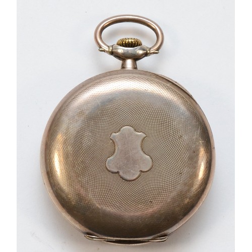 163 - Omega, a 800 silver open faced key less wind pocket watch, the enamel dial set with Arabic numerals ... 