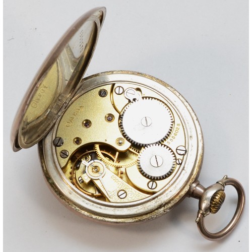 163 - Omega, a 800 silver open faced key less wind pocket watch, the enamel dial set with Arabic numerals ... 