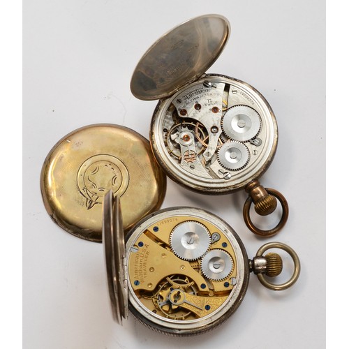 168 - Two Waltham silver cased open faced key less wind pocket watches, a Traveler, movement No 11699075, ... 