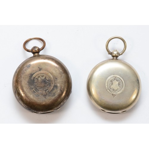 169 - Two silver cased open faced key wind pocket watch, unsigned movements, numbers 198366, 491019, (2).