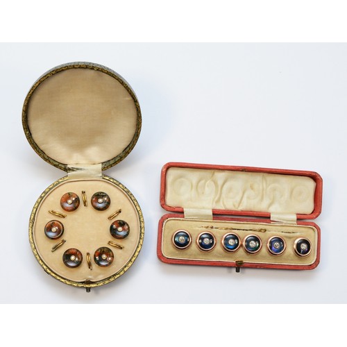 190 - A cased set of six silver gilt moss agate and seed pearl dress studs, togther with a cased set of pa... 