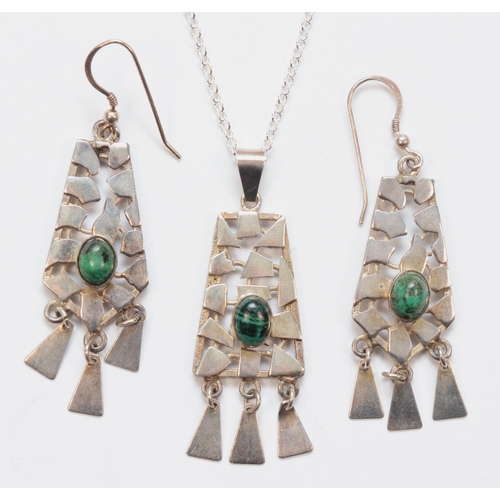 196 - A silver turquoise drop pendant on silver chain, together with matching silver drop earrings, 17gm.