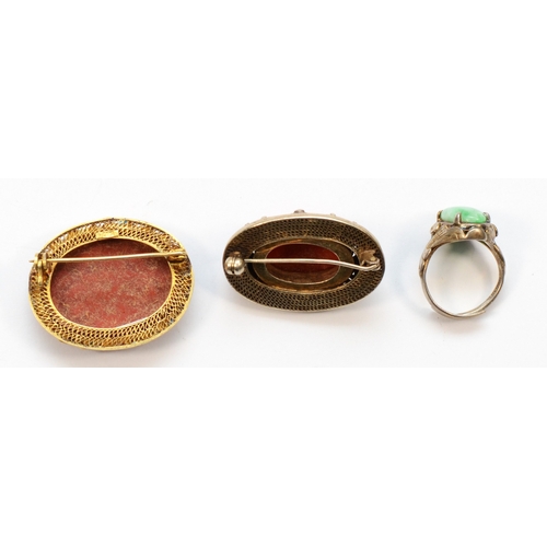 197 - A Chinese export silver gilt and enamel cinnabar floral brooch, 33mm, together with a silver jadeite... 