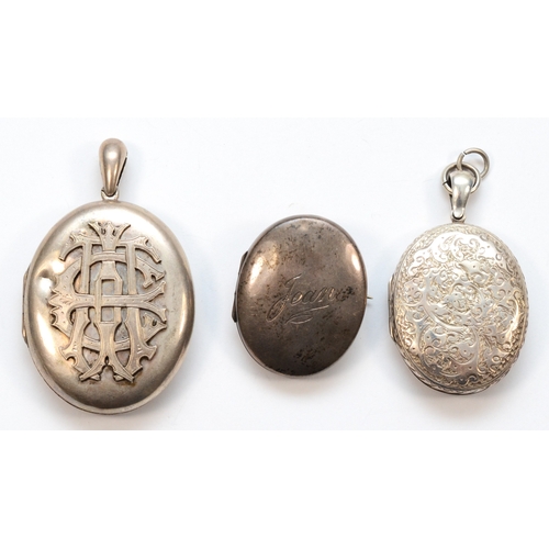 203 - A Victorian silver brooch locket inscribed Jean, Birmingham 1878, 40mm, together with two Victorian ... 