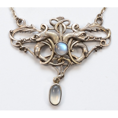 A silver Arts and Crafts moonstone necklace, by Samuel Jacob, London 1908, 49.5cm, 17gm, replacement chain.