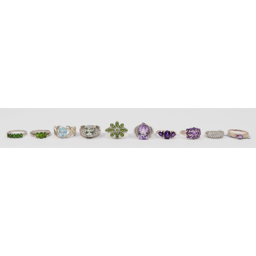 220 - Ten silver gem set rings to include a single stone amethyst cocktail dress ring, N, 45gm.