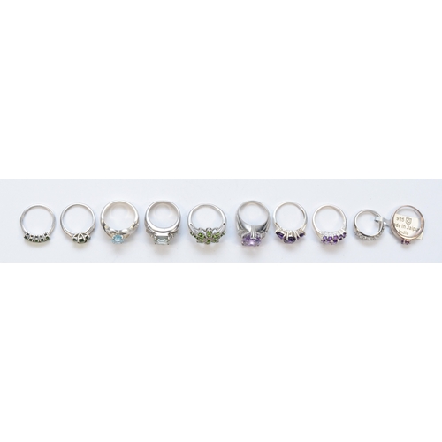 220 - Ten silver gem set rings to include a single stone amethyst cocktail dress ring, N, 45gm.