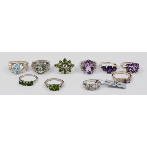 220 - Ten silver gem set rings to include a single stone amethyst cocktail dress ring, N, 45gm.