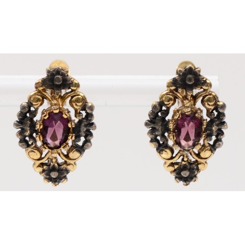 228 - A pair of silver gilt purple paste stone floral earrings, 12 x 19mm.