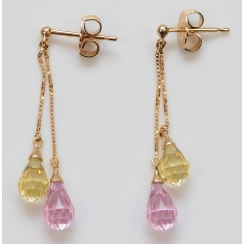 298 - A pair of 14k gold pink and yellow briolette cut cubic zirconia drop earrings, 32mm, 2.9gm.